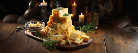 Cheese mix on wooden plate still-life. Ai Generative.の素材