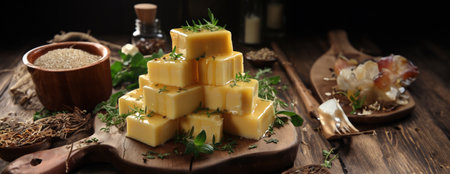 Cheese mix on wooden plate still-life. Ai Generative.の素材