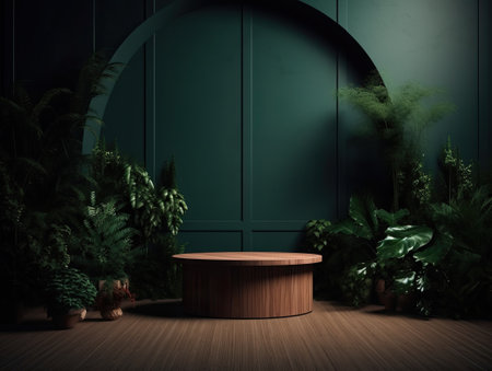 Green podium in modern tropical background for product placement 3d render. AI Generativeの素材