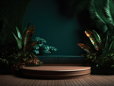 Green podium in modern tropical background for product placement 3d render. AI Generativeの素材