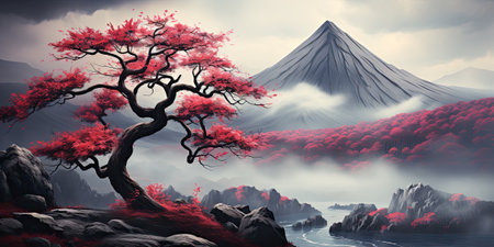 Cherry blossoms or Sakura and Mountain Fuji at the river in Japan.の素材