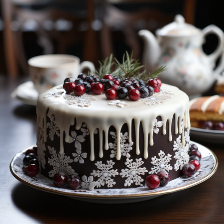 Blueberry currant crimson cake. Close-up side view. Festive cakeの素材