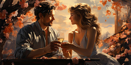 Beautiful young couple with glasses of wine in romantic gardenの素材