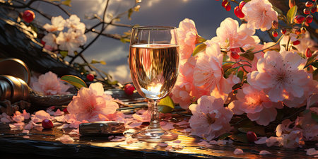 Beautiful young couple with glasses of wine in romantic gardenの素材