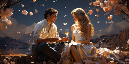 Beautiful young couple with glasses of wine in romantic gardenの素材