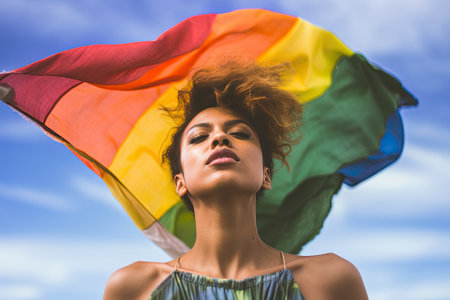 LGBTQ concept. Positive people holding rainbow flag isolated in studio. Pride month.の素材