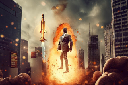 Start up concept with businessman holding briefcase and standing in front of rocket shaped gap in wall, revealing sunlit New York city viewの素材