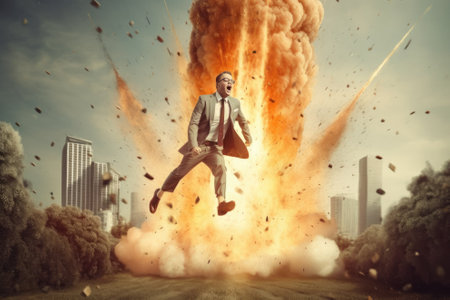 Start up concept with businessman holding briefcase and standing in front of rocket shaped gap in wall, revealing sunlit New York city viewの素材