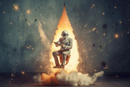 Start up concept with businessman holding briefcase and standing in front of rocket shaped gap in wall, revealing sunlit New York city viewの素材