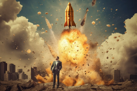 Start up concept with businessman holding briefcase and standing in front of rocket shaped gap in wall, revealing sunlit New York city viewの素材