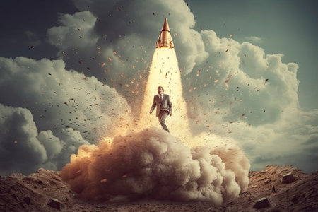 Start up concept with businessman holding briefcase and standing in front of rocket shaped gap in wall, revealing sunlit New York city viewの素材