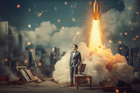 Start up concept with businessman holding briefcase and standing in front of rocket shaped gap in wall, revealing sunlit New York city viewの素材