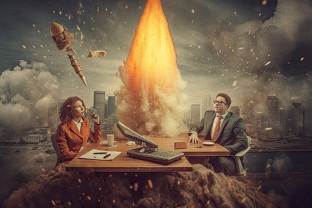 Start up concept with businessman holding briefcase and standing in front of rocket shaped gap in wall, revealing sunlit New York city viewの素材