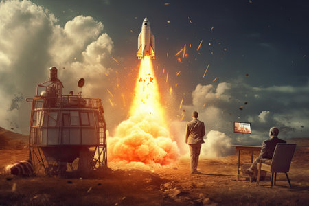 Start up concept with businessman holding briefcase and standing in front of rocket shaped gap in wall, revealing sunlit New York city viewの素材