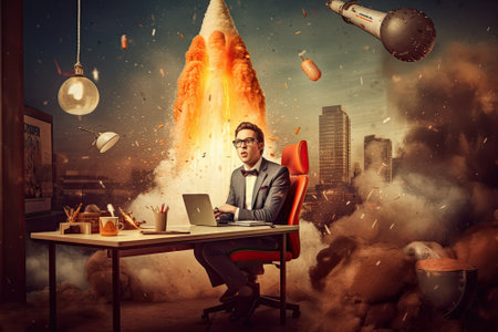 Start up concept with businessman holding briefcase and standing in front of rocket shaped gap in wall, revealing sunlit New York city viewの素材