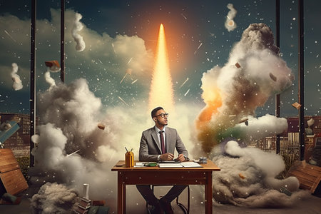 Start up concept with businessman holding briefcase and standing in front of rocket shaped gap in wall, revealing sunlit New York city viewの素材
