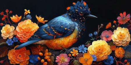 Little beautiful bird with hand draw and paint color background illustrationの素材