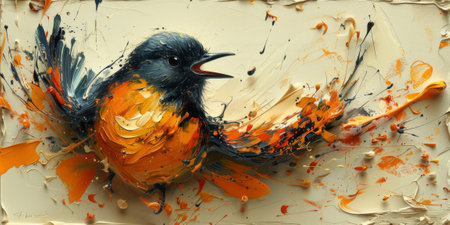 Little beautiful bird with hand draw and paint color background illustrationの素材