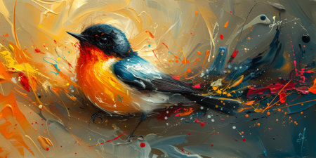 Little beautiful bird with hand draw and paint color background illustrationの素材