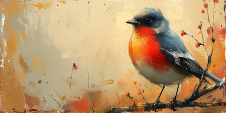 Little beautiful bird with hand draw and paint color background illustrationの素材