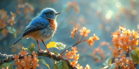 Little beautiful bird with hand draw and paint color background illustrationの素材