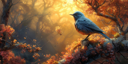 Little beautiful bird with hand draw and paint color background illustrationの素材