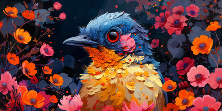 Little beautiful bird with hand draw and paint color background illustrationの素材