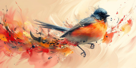 Little beautiful bird with hand draw and paint color background illustrationの素材