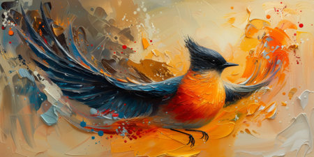 Little beautiful bird with hand draw and paint color background illustrationの素材