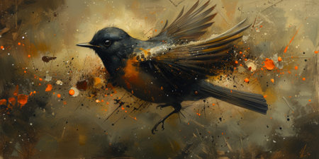 Little beautiful bird with hand draw and paint color background illustrationの素材