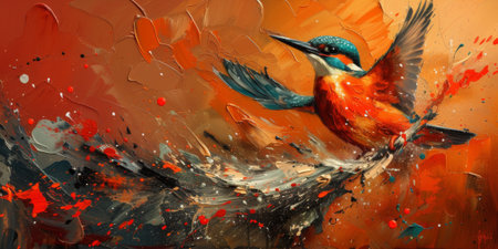 Little beautiful bird with hand draw and paint color background illustrationの素材