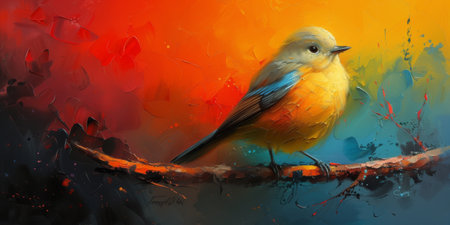 Little beautiful bird with hand draw and paint color background illustrationの素材
