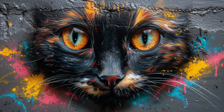 Oil cat portrait painting in multicolored tones. Conceptual abstract painting. Closeup painting oil and palette knife on canvas.の素材