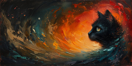 Oil cat portrait painting in multicolored tones. Conceptual abstract painting. Closeup painting oil and palette knife on canvas.の素材