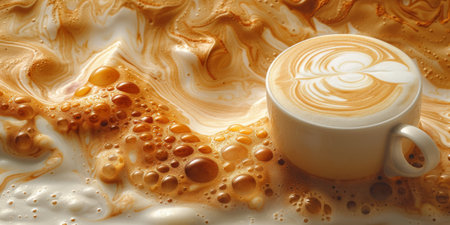 Cups of cappuccino with latte art ,top view,flat layの素材