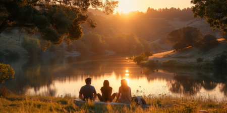 Happy family having picnic on lake with beautiful view.の素材