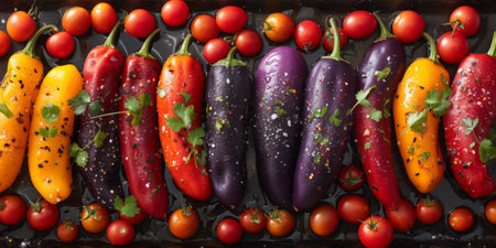 Close-up fresh red hot peppers on the wooden background. Top view.の素材