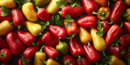 Close-up fresh red hot peppers on the wooden background. Top view.の素材
