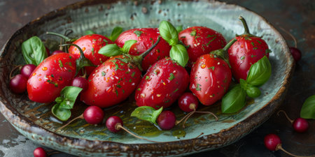 Close-up fresh red hot peppers on the wooden background. Top view.の素材