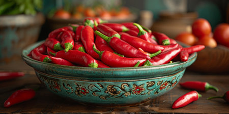 Close-up fresh red hot peppers on the wooden background. Top view.の素材