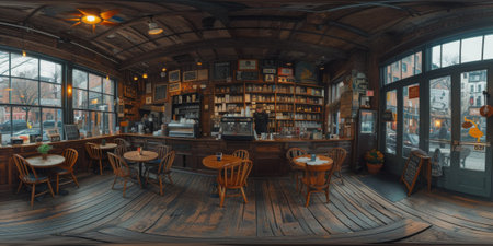 Cafe bar restaurant nobody indoor. Empty coffee shop interior daytime with wooden design counter red brick wall in background.の素材