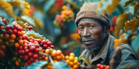 Man picking coffee beans on a sunny day. Coffee farmer is harvesting coffee berries. Brazilの素材