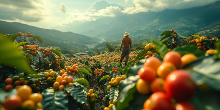Man picking coffee beans on a sunny day. Coffee farmer is harvesting coffee berries. Brazilの素材