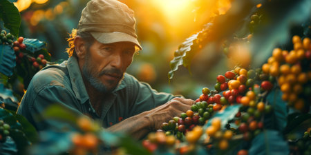 Man picking coffee beans on a sunny day. Coffee farmer is harvesting coffee berries. Brazilの素材