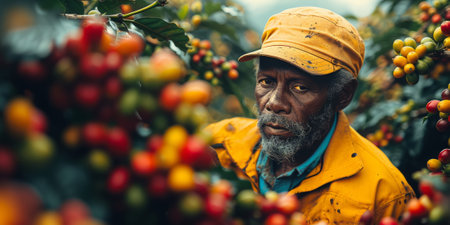Man picking coffee beans on a sunny day. Coffee farmer is harvesting coffee berries. Brazilの素材