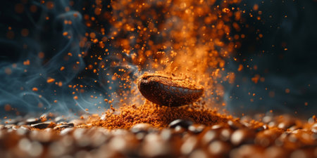 Extreme macro photography of fresh roasted coffee beans ground.の素材