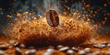 Extreme macro photography of fresh roasted coffee beans ground.の素材