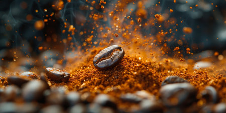 Extreme macro photography of fresh roasted coffee beans ground.の素材
