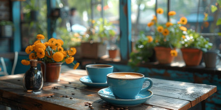 Coffee break in cozy cafe and natural background.の素材