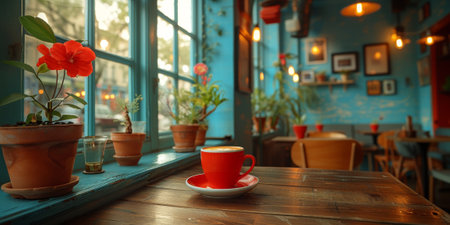 Coffee break in cozy cafe and natural background.の素材